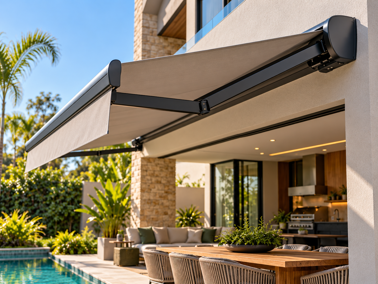 Toldo articulado — detalhe do braço
